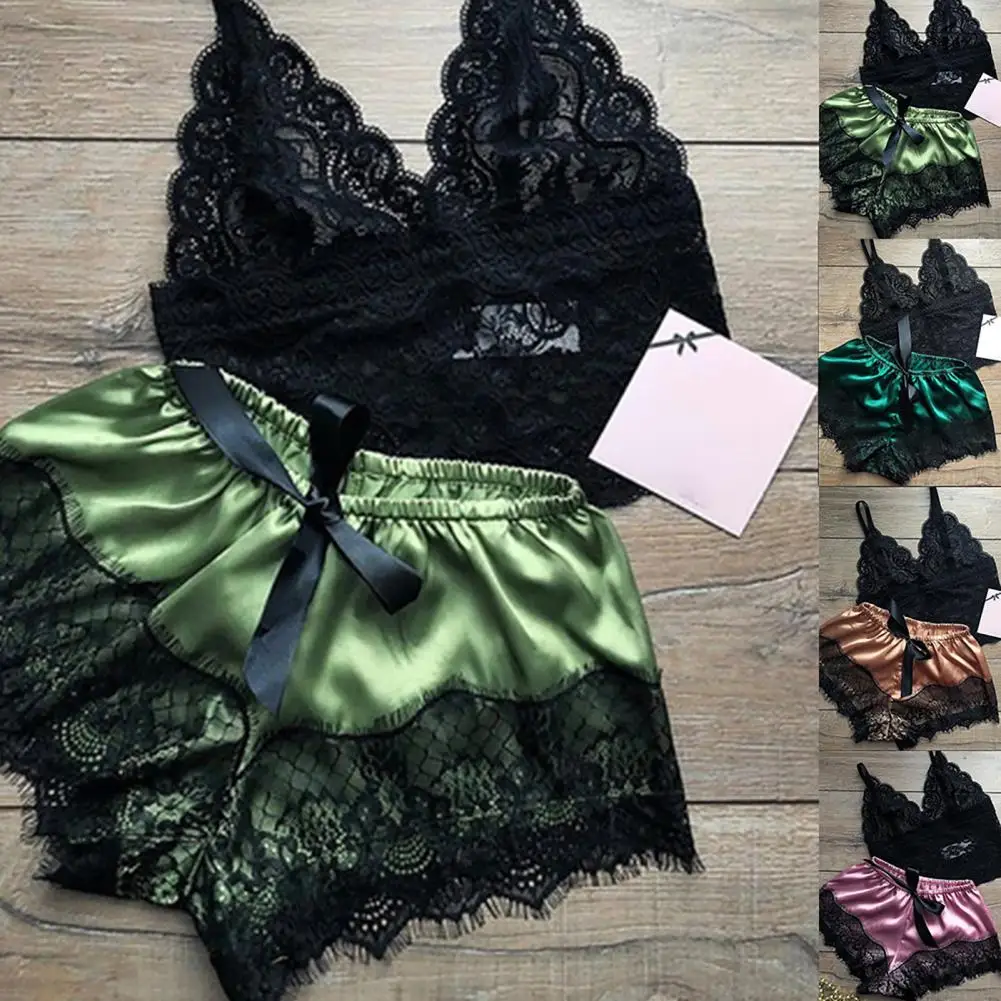 

Women Sexy Lace Sleepwear Ultra-Thin See-through Adjustable Breathable Sleeveless Tube Top Bra Short Pants Pajamas Set For Home