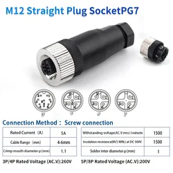 Waterproof IP67 Aviation Plug Socket Connector - Screw Threaded Coupling - 1 Piece - 8 Pin (PG7 Female Straight)