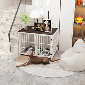 Dog Crate Furniture Pet Kennel End Table Metal Dog Kennel with Three Doors with Locks and Removable Tray, White/Black 3