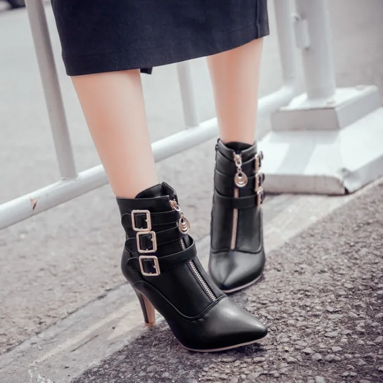 Sexy Autumn Women's Boots Ladies Platform Shoes Slender heel Heel Stretch Black Ankle Boots for Women Belt buckle women Boots