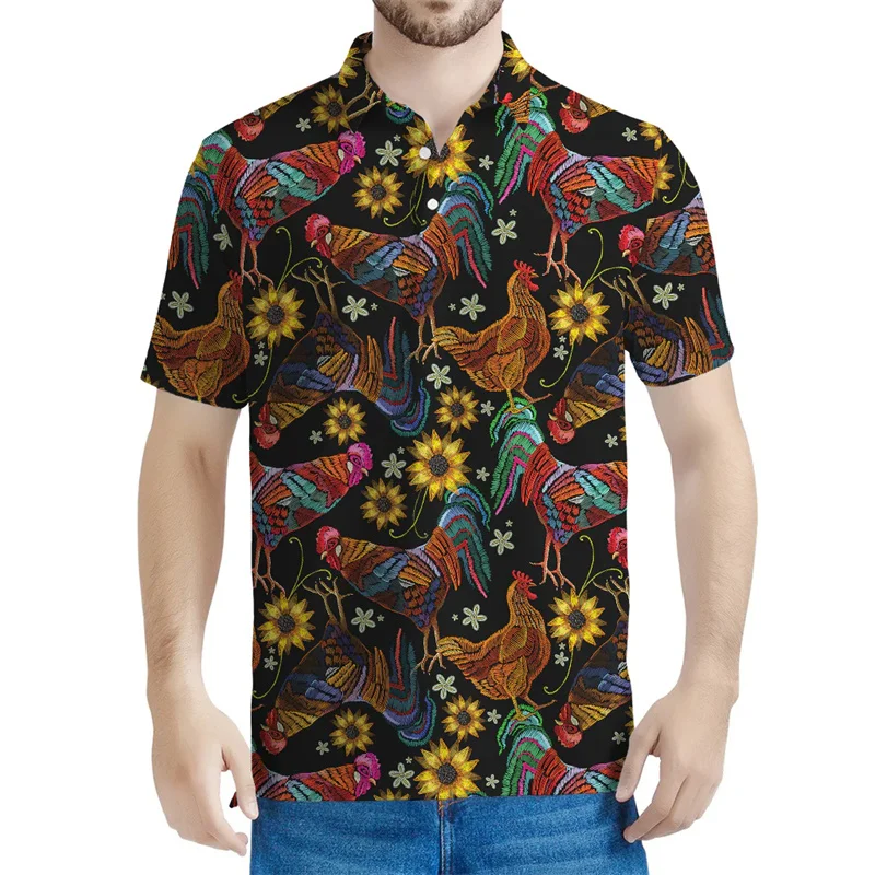 

Colorful Rooster Polo Shirt For Men 3d Printed Animal Short Sleeves Loose Button Polo Shirts Tops Summer Casual Lapel Tees