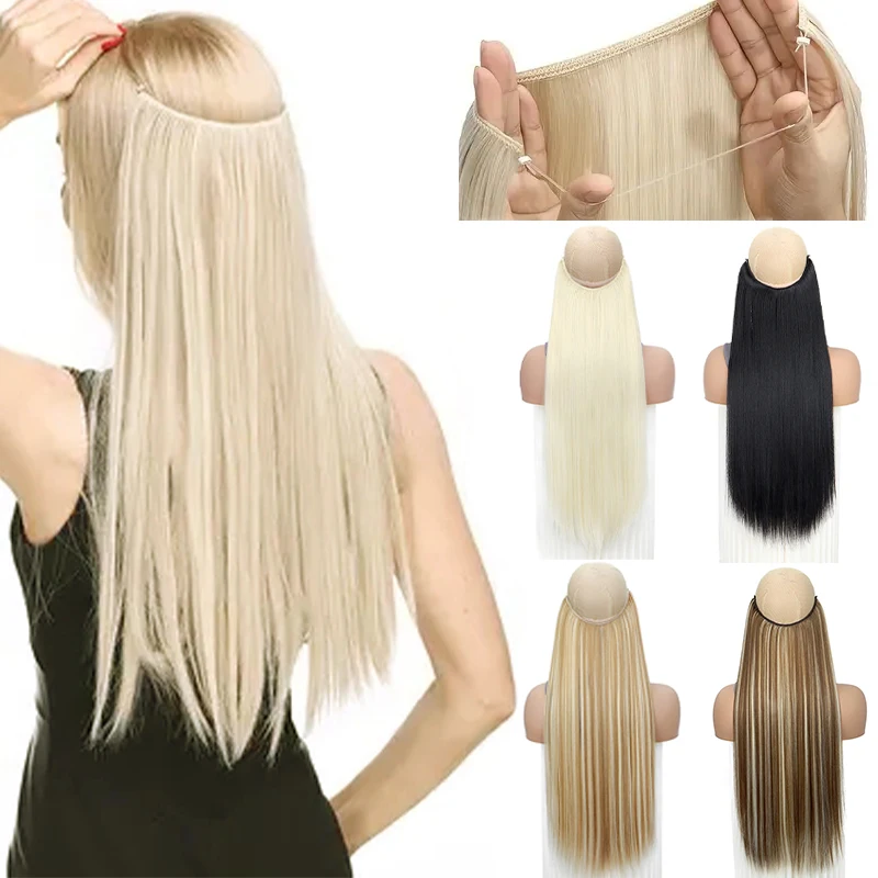 24Inch Synthetic Hair Extension No Clips Fish Line Invisible Black Blonde One Piece Long Straight Fake Hair Piece For Women hair extensions