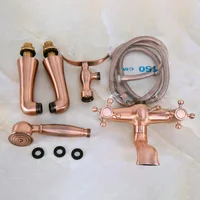 Deck Mount Claw-foot Bathtub Faucet Tub Filler Handheld Shower Antique Red Copper Brass Dual Cross Handles ana159 3