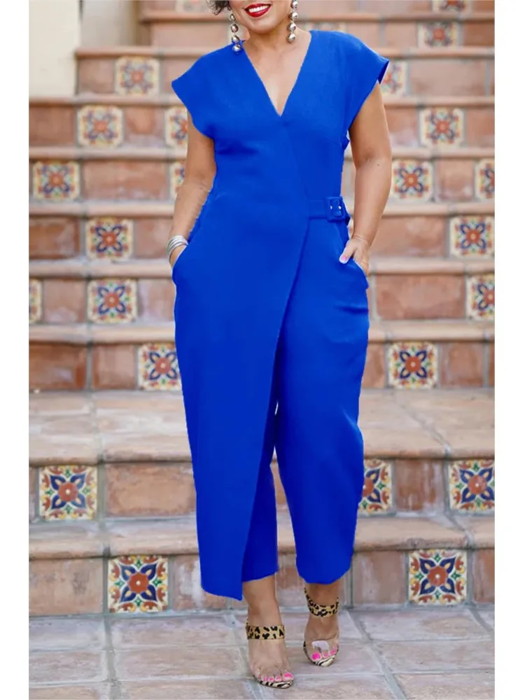 Fashion Summer Casual Jumpsuit Women Elegant Deep V Neck Sleeveless Solid Jumpsuits Female New Romper With Belt Wide Leg Pants