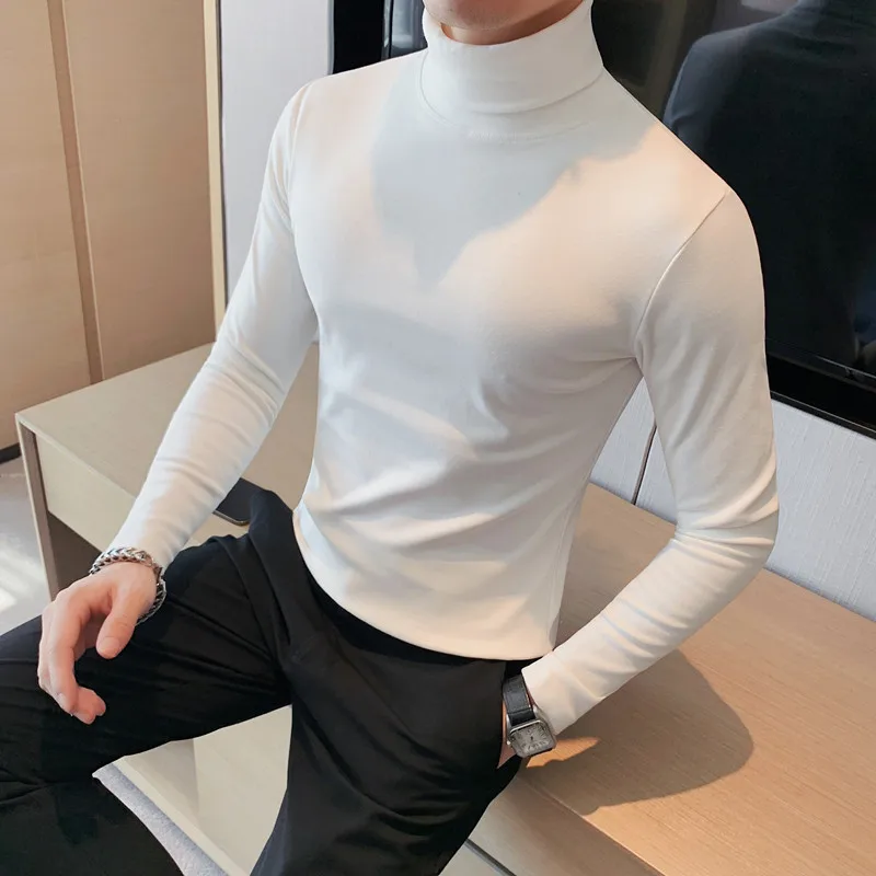 

2022 Winter Turtleneck Fleece Men T-shirts Long Sleeve Slim Casual T-shirt Business Tee Tops Social Bottoming Shirt Men Clothing