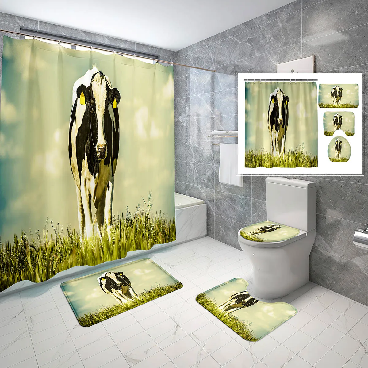 

4 Pcs Dairy Cow Shower Curtain Set with Toilet Lid Cover and Non-slip Bath Mat White Sky Grassland Waterproof Shower Curtain Set