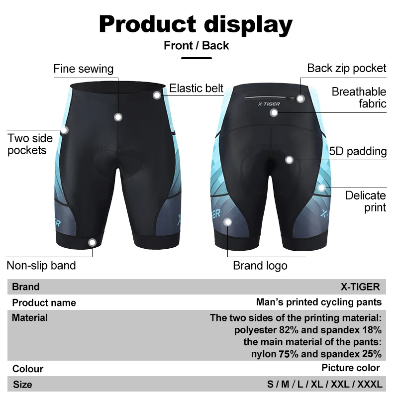 Cycling Shorts Lake Green printed Bike Tights 5D Gel Padded Pro Bicycle Shorts Breathable Man MTB With Pocket X-TIGER
