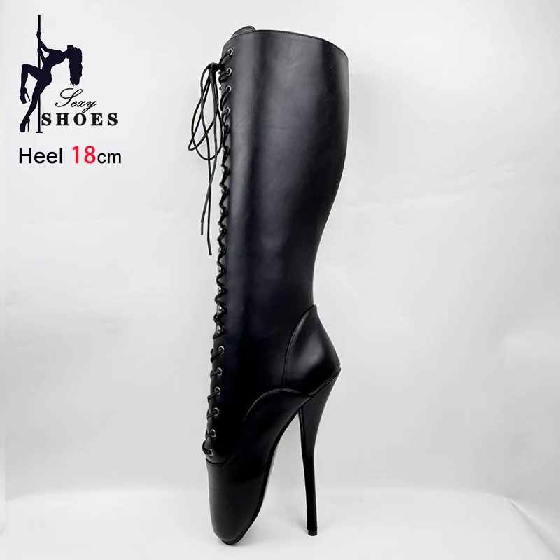 18CM Stiletto Heel Matte Black Women Knee High Ballet Boots Sexy Fetish Side Zipper Lace up  Fashion Shoes Women Mid-calf Boots