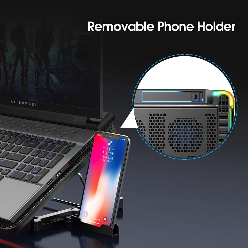 Coolcold-laptop Cooling Pad Ventiladores Silenciosos Altura Velocidade do Vento Refrigerador Ajustável com Suporte para Celular 15.617.3 Polegada - Imagem 2