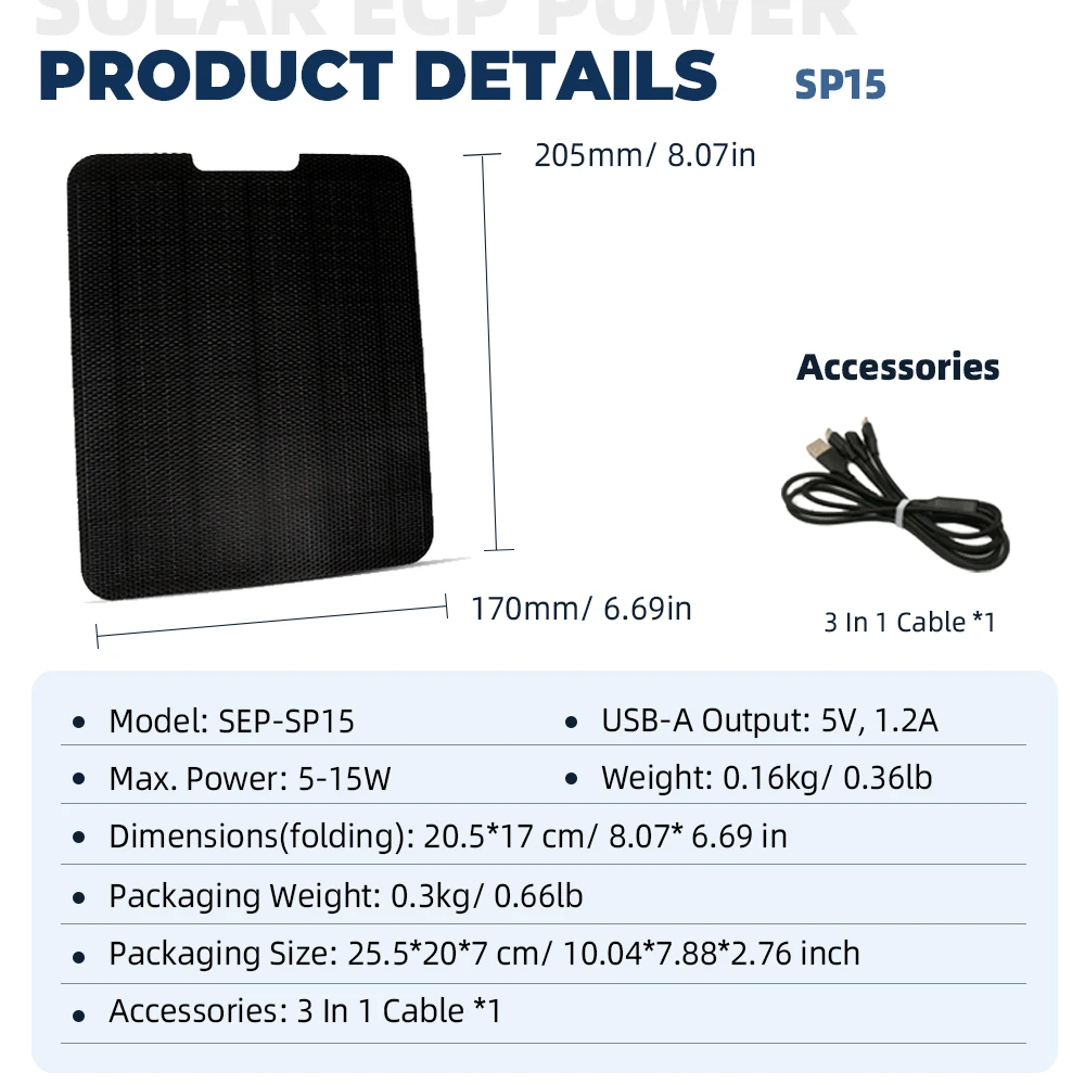 Solar Charger 15W Outdoor Camera Solar Panel 5V USB Solar Panel Charger IP67 Waterproof High Monocrystalline for Camping Picnic
