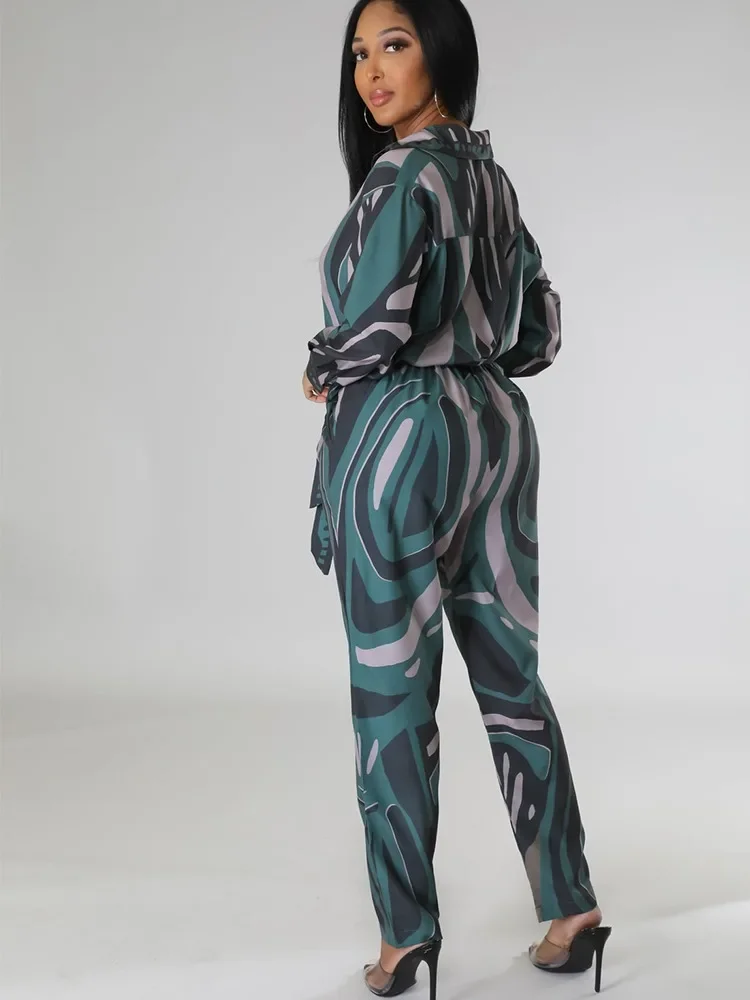 Sets Outifits 2023 New Abstract Printed Button Design Shirt Top&pocket Pants Set Of Two Fashion Casual Pieces For Women Female