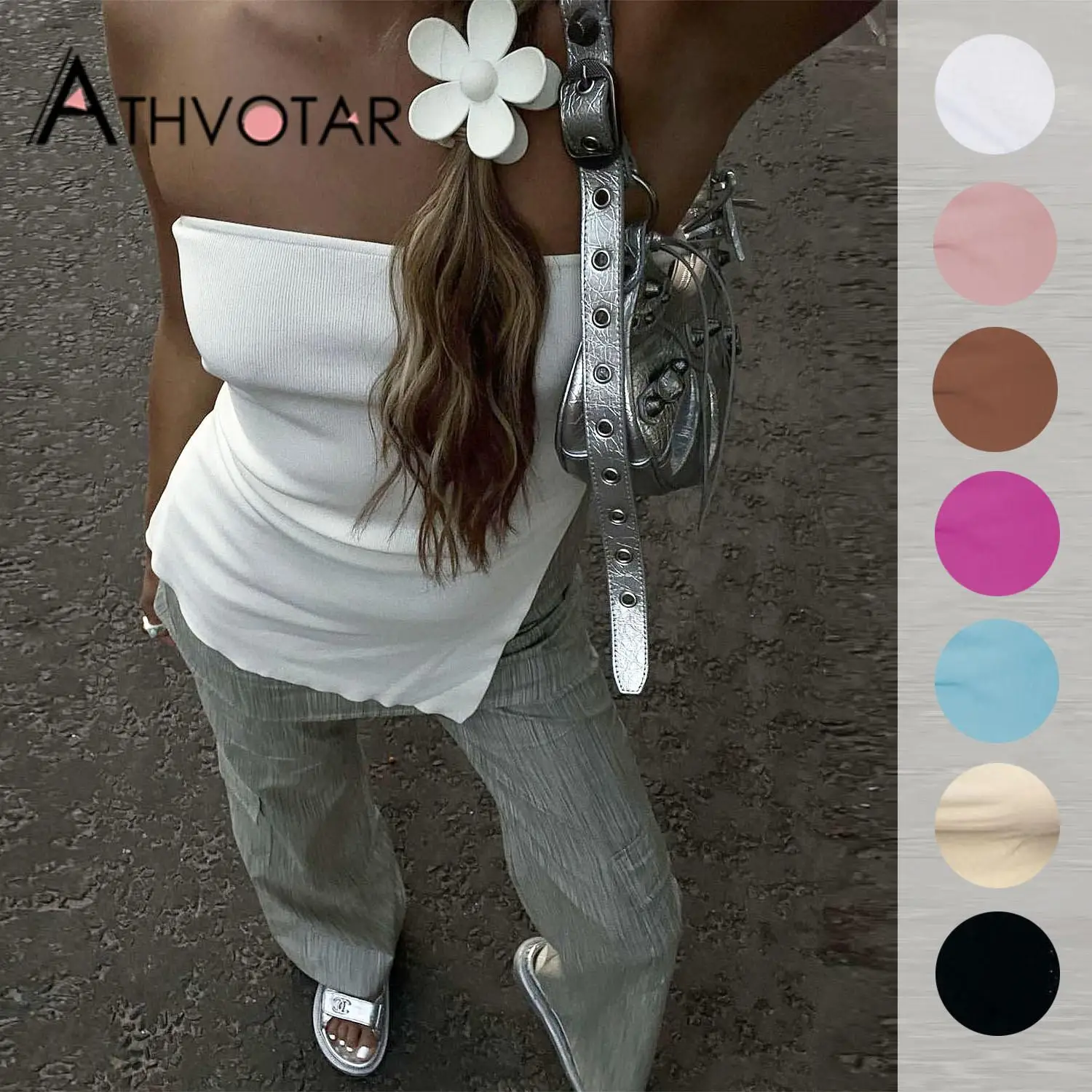 

ATHVOTAR Women Tops Strapless Irregular Ribbed Streetwear Summer Off Shoulder White Vset Lady Sexy Backless Fashion Split Top