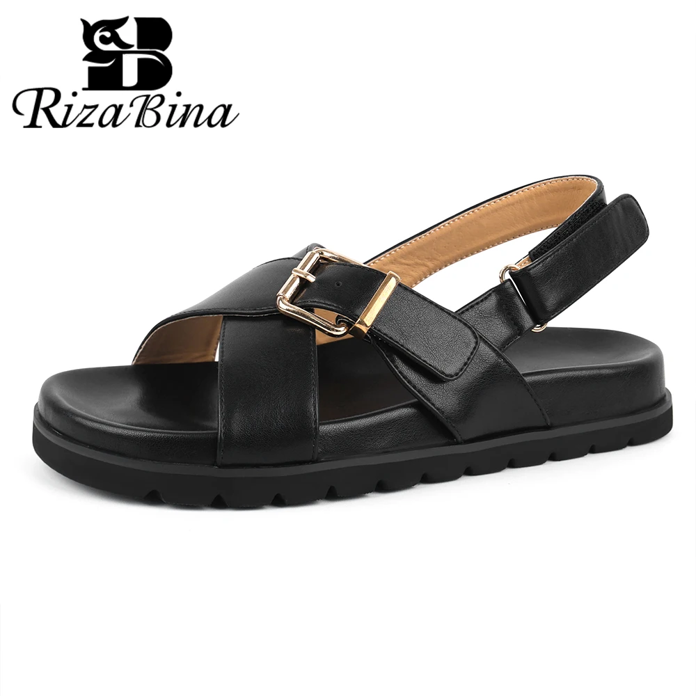 

RIZABINA Size 36-41 Women Flat Sandals Real Leather Buckle Strap Slingback Summer Shoes Ladies Daily Casual Sandals Handmade
