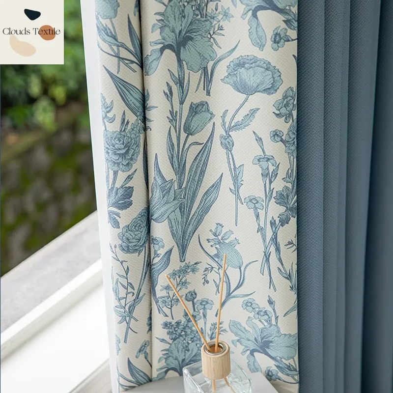 

Customized Haze Blue Curtains for Living Dining Room Bedroom Light Luxury High-end Cotton Linen Thickened Splicing Blackout