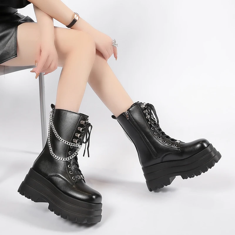 Black Punk Chunky Ankle Boots Women Autumn Winter Leather Platform Sneakers Woman Gothic Thick Bottom Motorcycle Booties Female