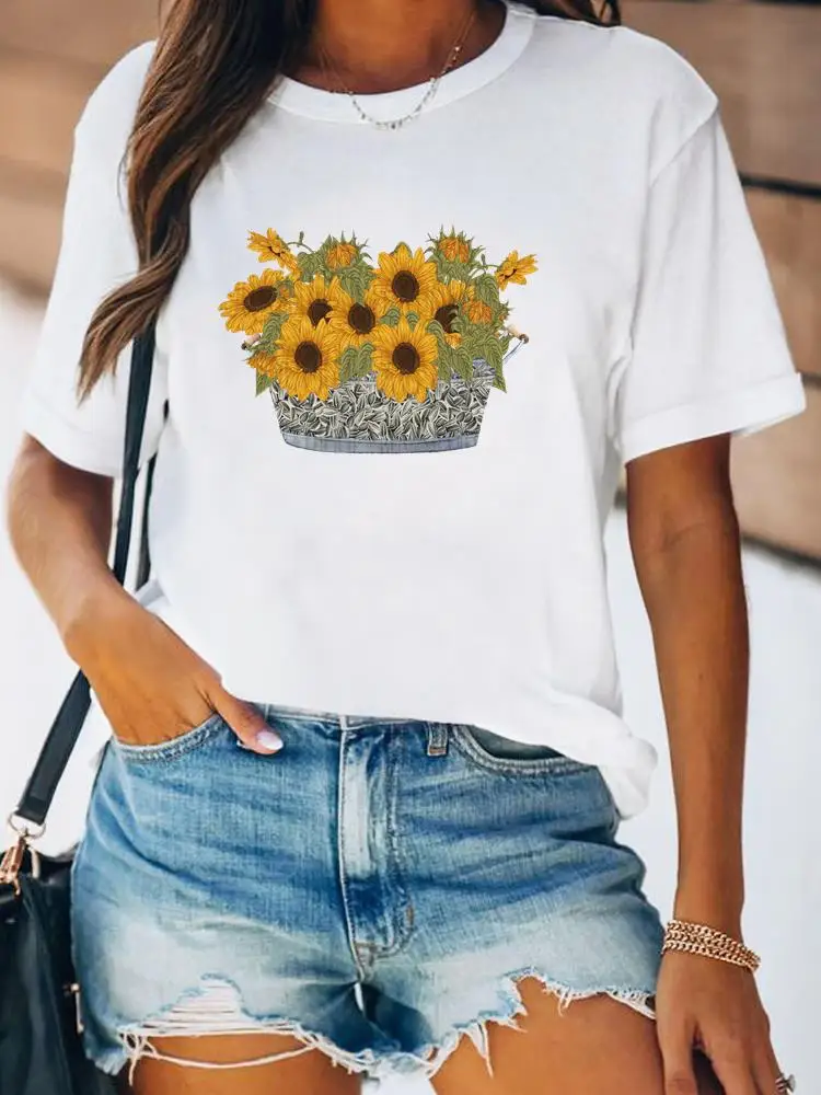 Women Spring Fashion Summer Female Tee Shirt Print Clothes Lady Short Sleeve Flower Lovely Floral Trend 90s Graphic T-shirt