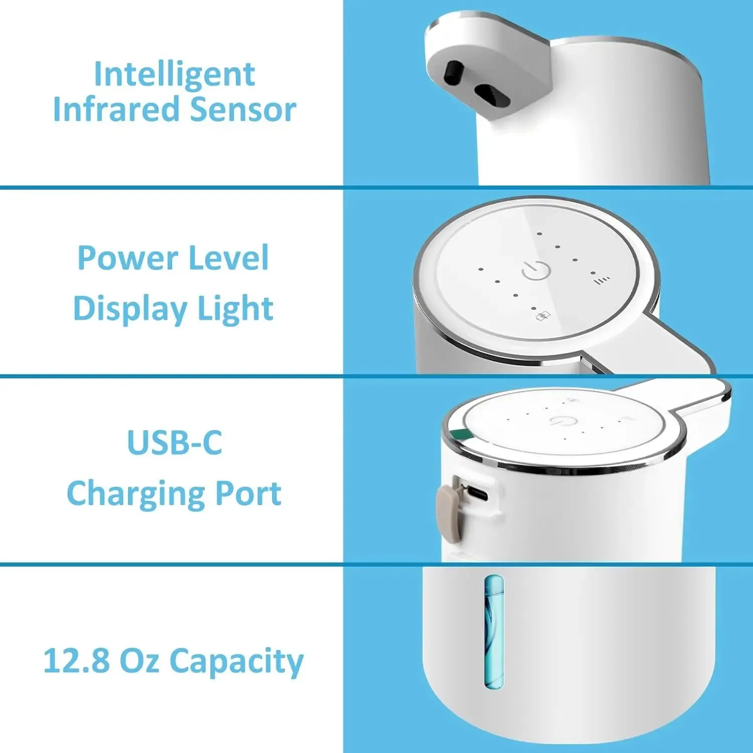 Dispenser automatico di sapone Dispenser di sapone schiumogeno senza contatto 380ml Dispenser di sapone in schiuma regolabile elettrico ricaricabile USB a 4 livelli