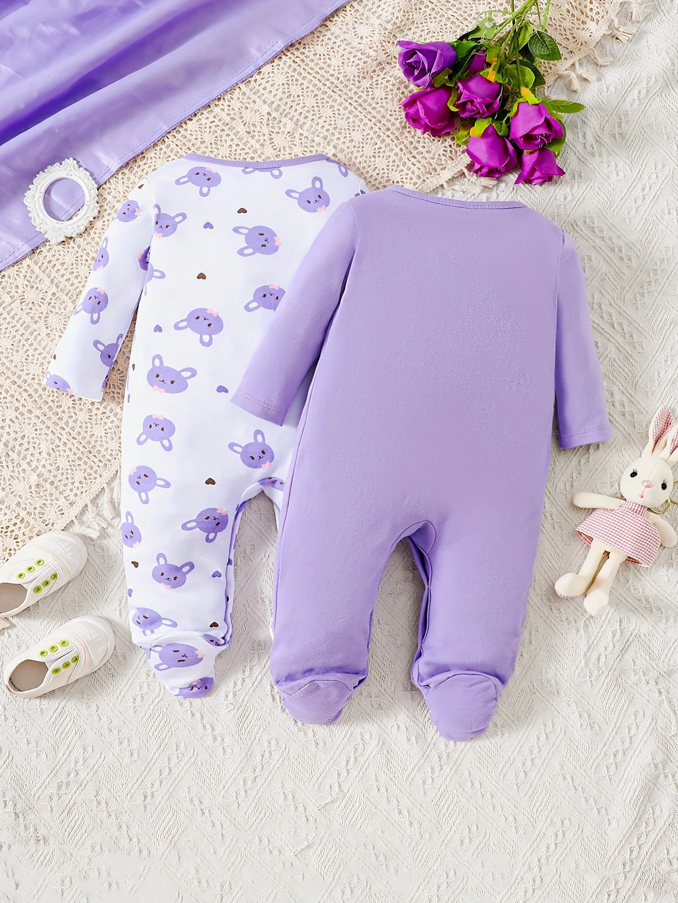 [2-piece set] Fall and winter baby girls foot onesie cartoon rabbit long-sleeved clothing crawl suit