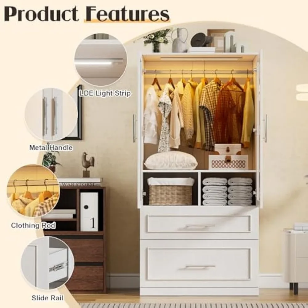 Armoire Wardrobe Closet Door and Drawers, Bedroom Closet Wardrobe Cabinet with Hanging Rod, Lighted Freestanding Armoire 5