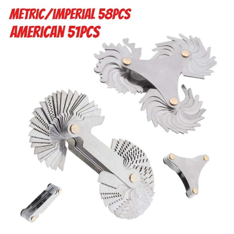 51/58PCS Stainless Steel Pitch Scale High Precision Measuring Tool Insert U.S. Screw Gauge Metric Inch One Piece Thread Samples
