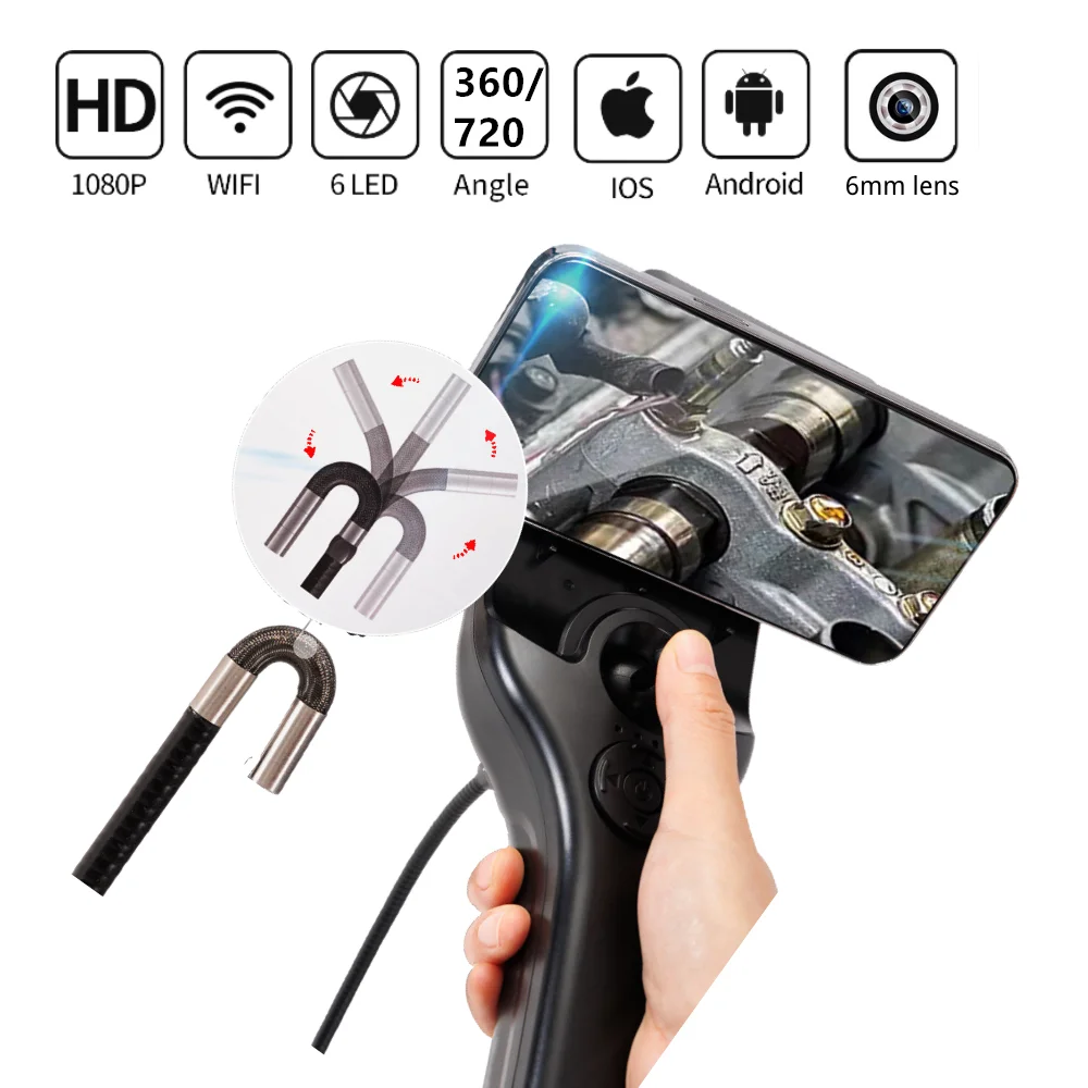 6MM WIFI Endoscope Articulating Borescope Camera 4WAY 720°/2WAY 360° 1080P Industrial Tube Pipe Inspection For IPhone Android