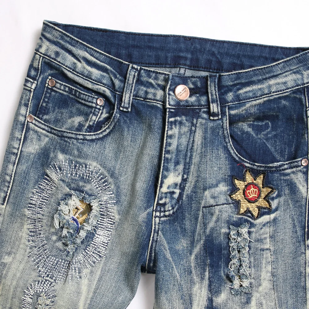Men Badge Patch Denim Jeans Embroidery Patchwork Ripped Distressed Pants Slim Tapered Stretch Trousers 3