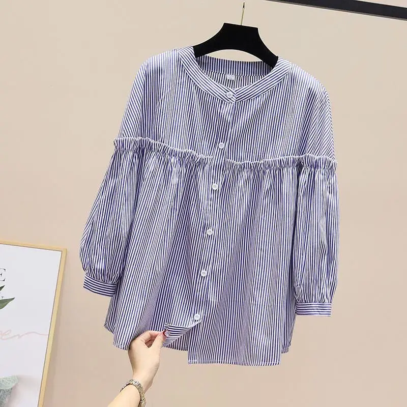 

Blouses Women Fashion Summer Stripe Long Sleeve Loose Casual Plus Size