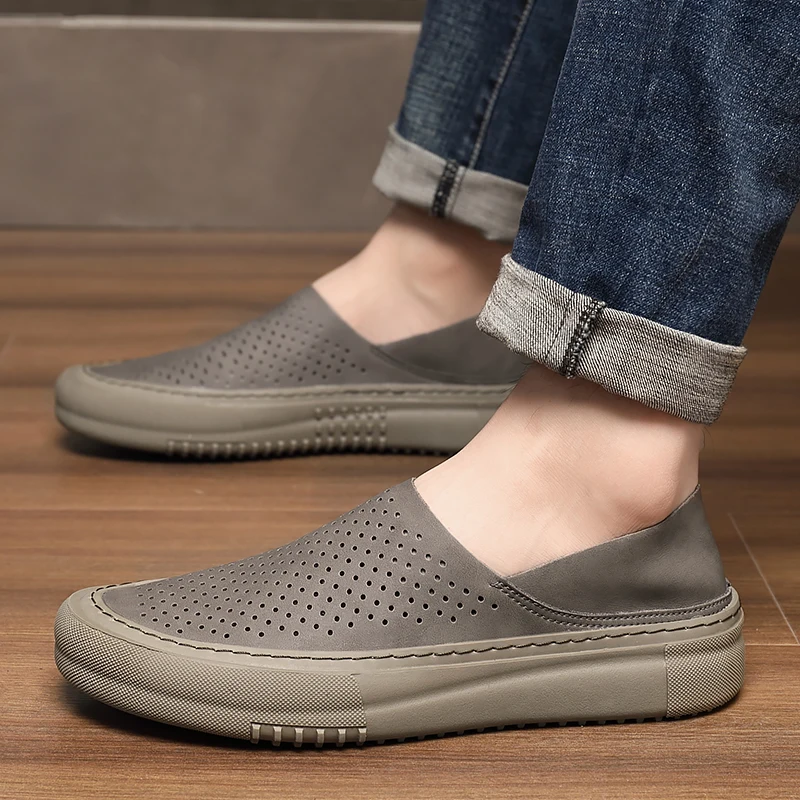 2024 New Summer Men's Shoes Plaid Hollow Breathable Casual Men's Shoes Slip-On Lazy Shoes Doudou Loaf Driving Shoes 5
