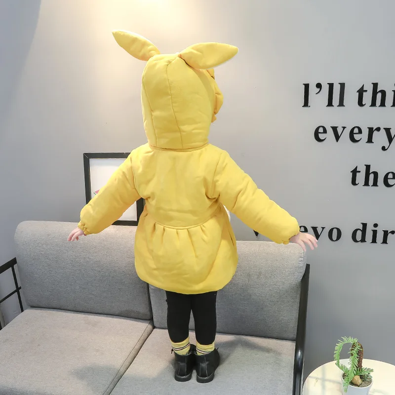 Winter New Baby Girls' Coat with Plush and Thick Hooded Cute Long Ears Windproof Children's Clothing Suitable for 0-3 Years Old