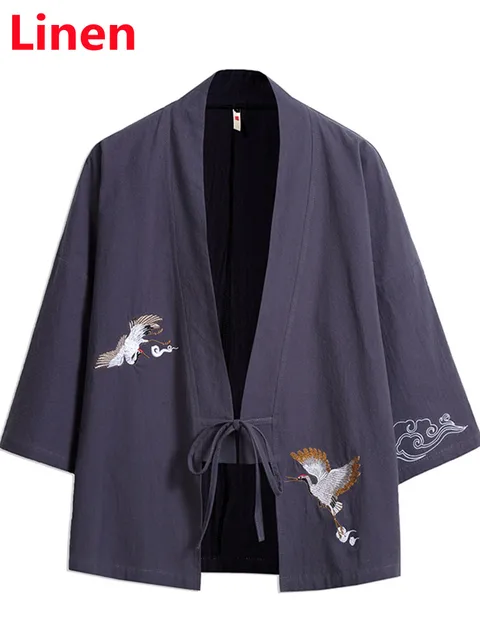 Crane Embroidery Haori Kimono Harajuku Japanese Style Plus Size Men Samurai Costume Yukata Asian Clothes Cardigan Women Jacket dark gray
