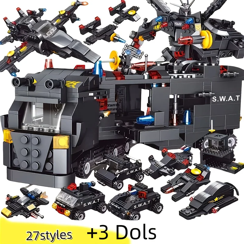 Õhustikust vaadatuna musta ja sinise värviga koostatud korrakaitse komplekt, mis koosneb erinevatest sõidukitest ja figuuridest valgel taustal.