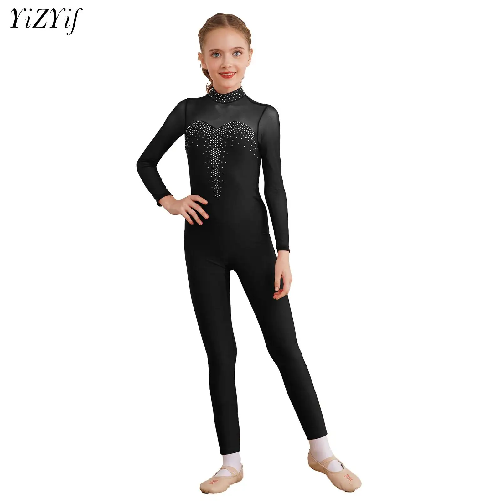 

Kids Girls Ballet Leotard Unitard Dance Gymnastics Acrobatics Gym Jumpsuit Long Sleeve Shiny Rhinestone Bodysuit Girls Dancewear