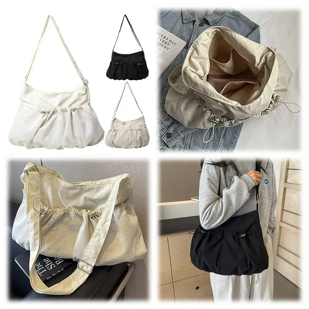 

Women Drawstring Tote Bag Fashion Shoulder Bag Solid Color Stylish Commuting Bag Adjustable Strap Pleated Handbag Chic Hobo Bag