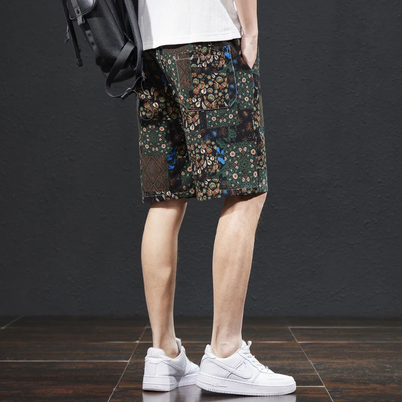 Beach pants men's summer thin ethnic style printed capris, trendy loose, elastic, breathable BOY's shorts 4