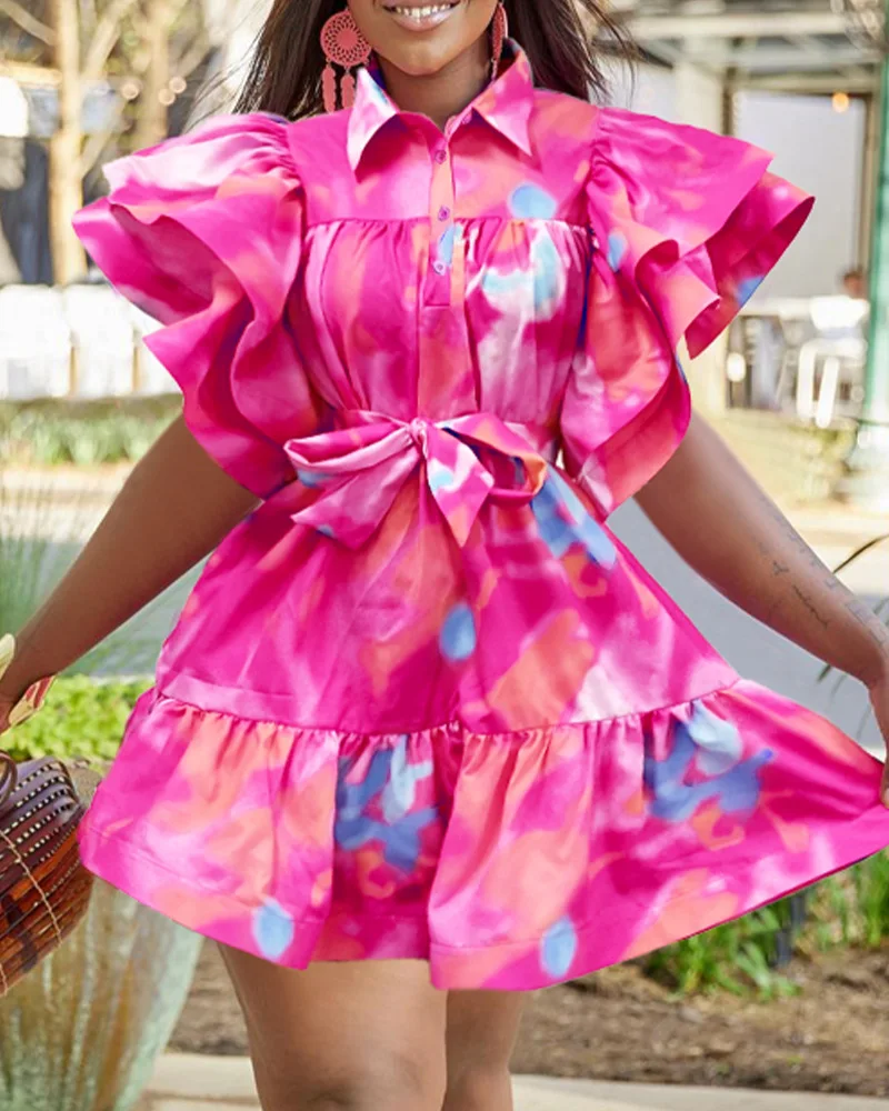 

Summer Women's Elegant Dress with Leisure Style Commuting Lotus Leaf Sleeves Flip Collar Tie Dyed Print Waistband Lace Up Dress