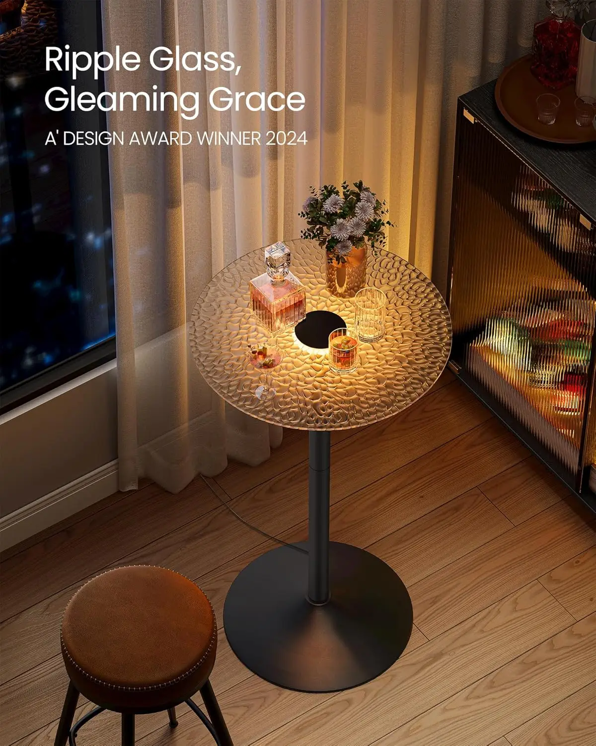 Round Cocktail Table with Multi-Colored Lights and Glass Top, Large Steel Base, 41.3 Inches Tall Pub Table for Kitchen, Bistro 6