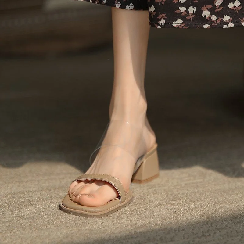 Slippers Women Summer Outer Wear Mid Heel 2022 Temperament Fashion One-word Slippers Sandals Women's Shoes Thick Heel Sandals