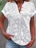 Summer Casual V-neck Shirt Blouse Women Fashion White Jacquard Short Sleeve Shirts Women 2024 Office Ladies Elegant Blouse Tops 1