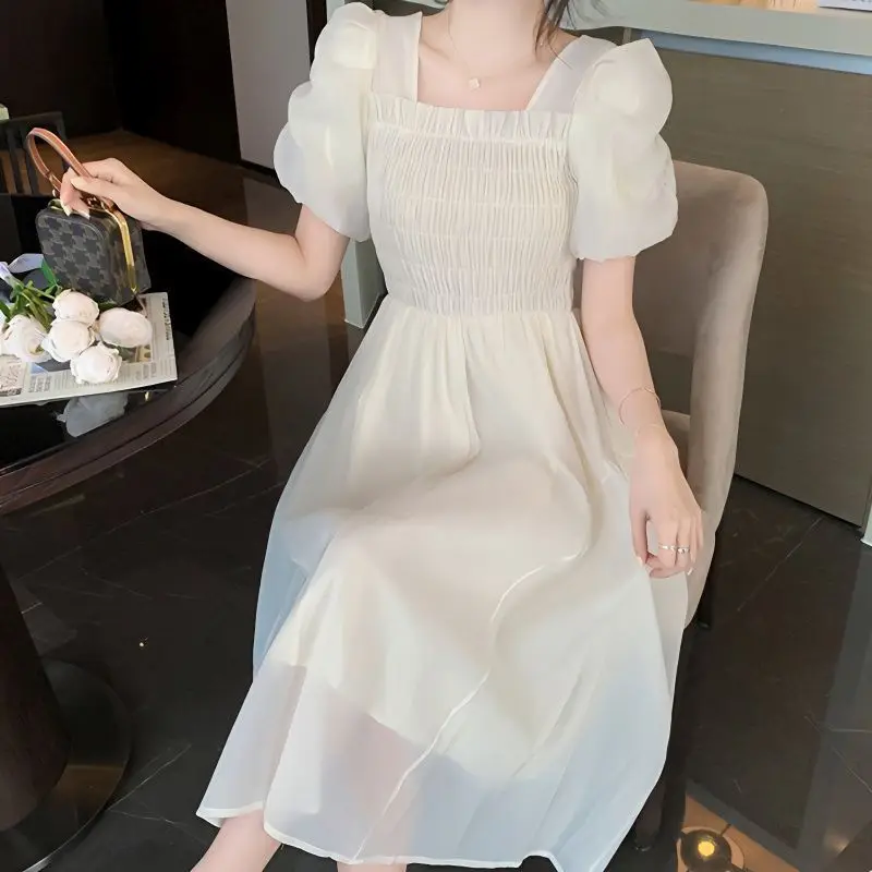 

Square Collar Bubble Sleeve Dresses For Women Summer2023 New French Y2k Sweet Long Dress Slim Fairy Pullover Party Cute Vestidos