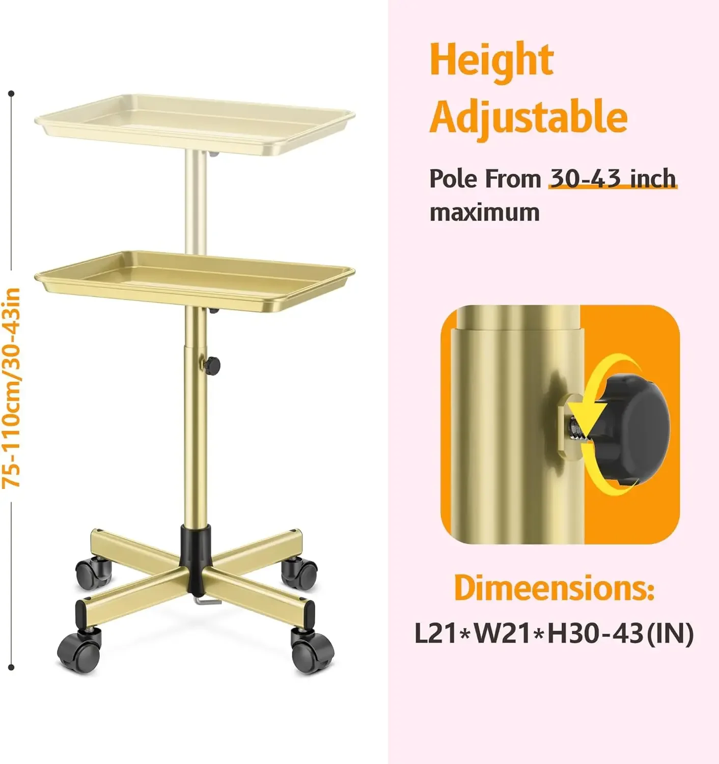 Aluminum Tattoo Tray Rolling Trolley-Adjustable Salon Service Rolling Tray Hairdresser Cart w/ Clinic Spa Wheels