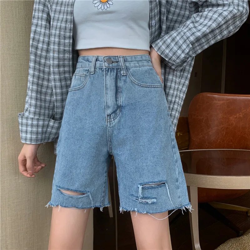 Women Summer Hole Denim Shorts Y2K High Waist Loose Blue Jeans Shorts 2022 Casual Washed Wide Leg Short Pants Female Ropa Mujer trendy plus size clothing