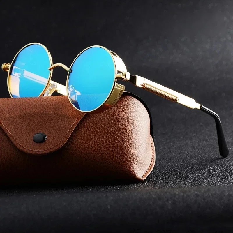 Steampunk Style Retro Round Sunglasses with Reflective Colorful Lenses