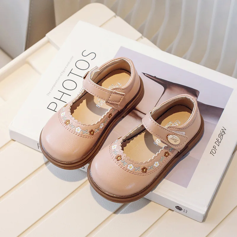 Kids Leather Shoes Fashion Embroidered Flower Girls Flat Shoes for Spring Autumn