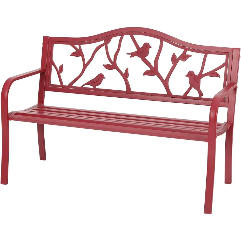 

Lawn Garden Benches Outdoor Patio Metal Park Bench Red Steel Frame Bench With Backrest and Armrests for Porch Balcony Furniture