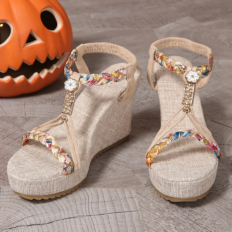 Bohemia Woven Band Wedge Sandals Women Summer Non Slip Thick Bottom Gladiator Sandalias Mujer Slip On High Heel Sandles Woman