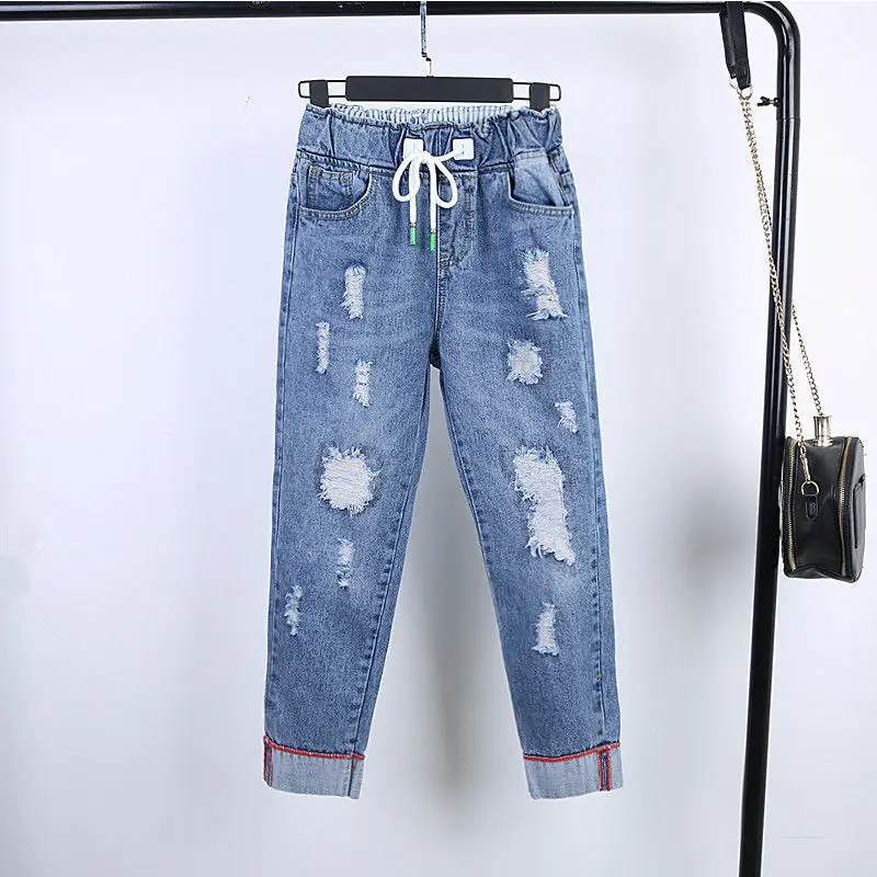 Elastic High Waist Baggy Pants Women Ripped Jeans Hole Light Wash Denim Wide Leg Trousers 2022 Summer Fashion Cuffs Streetwear