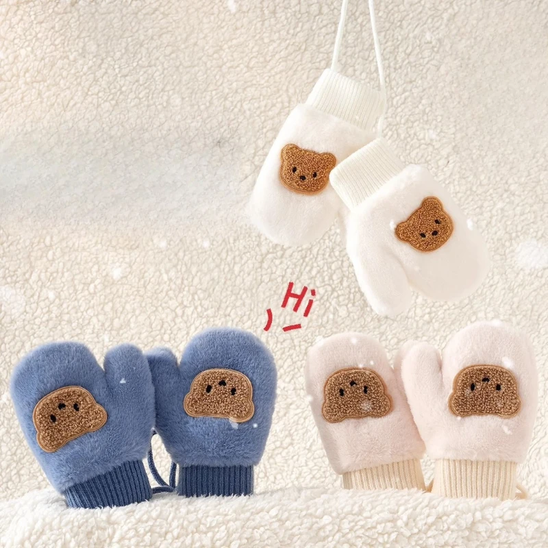 Korean Kids Gloves Winter Cartoon Bear Boys Girls Mittens Halterneck Plush Baby Wholesale