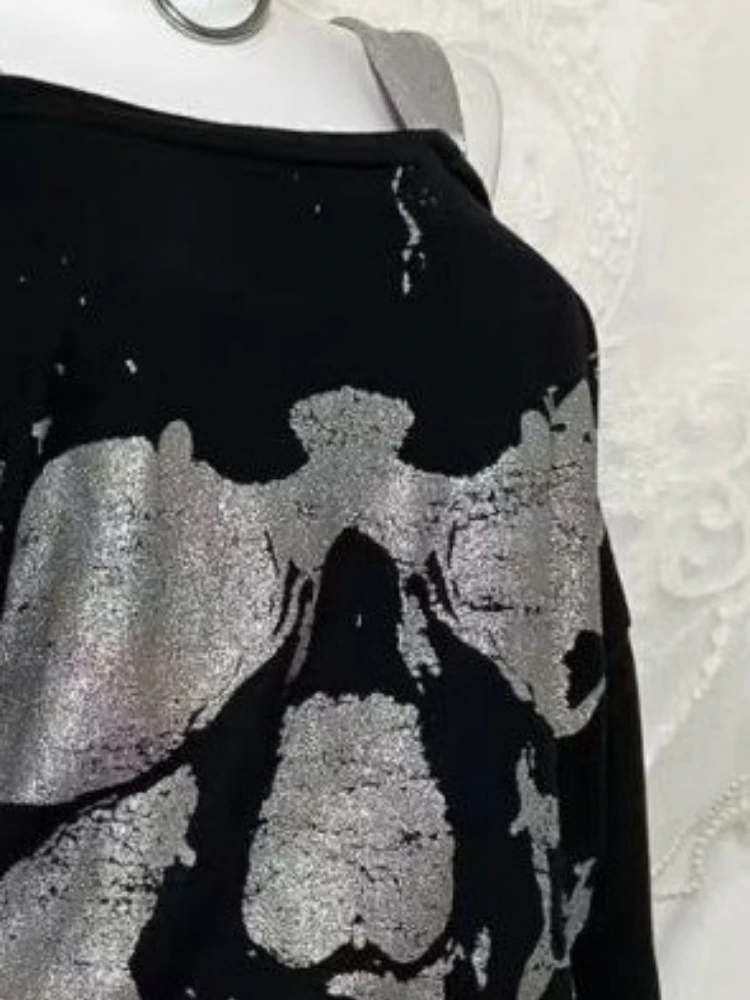 Y2k Fake Two Pieces Vintage Tops Streetwear Slash Neck Skull Print Off Shoulder Gothic Punk Tshirts Women Grunge Harajuku Tees 6