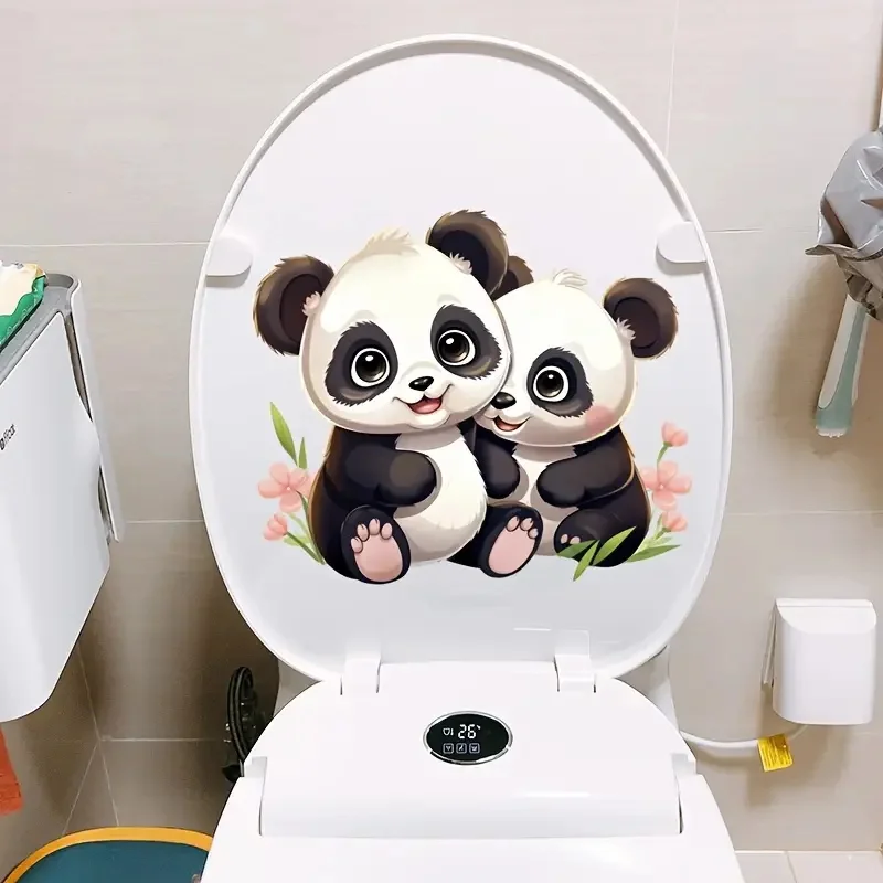 Two Cute Panda Toilet Stickers, Bright Bathroom for Home Decoration, Vinyl Animal Decals, Art Wall Paper, Poster