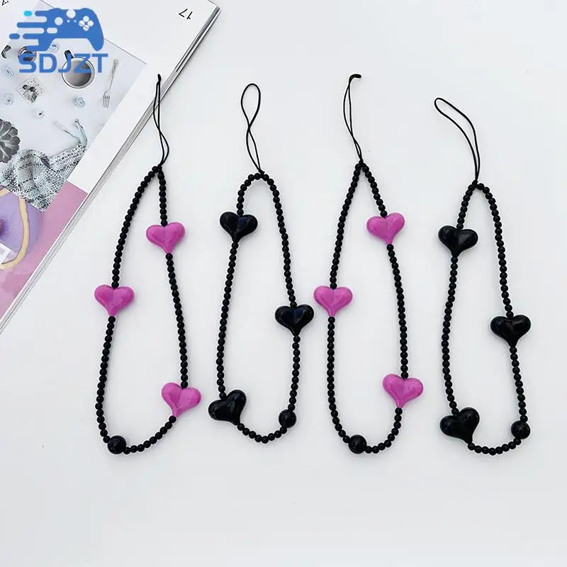 KoreanBlackHeartPhoneCharmStrapsAcrylicBeadedCellPhoneChains